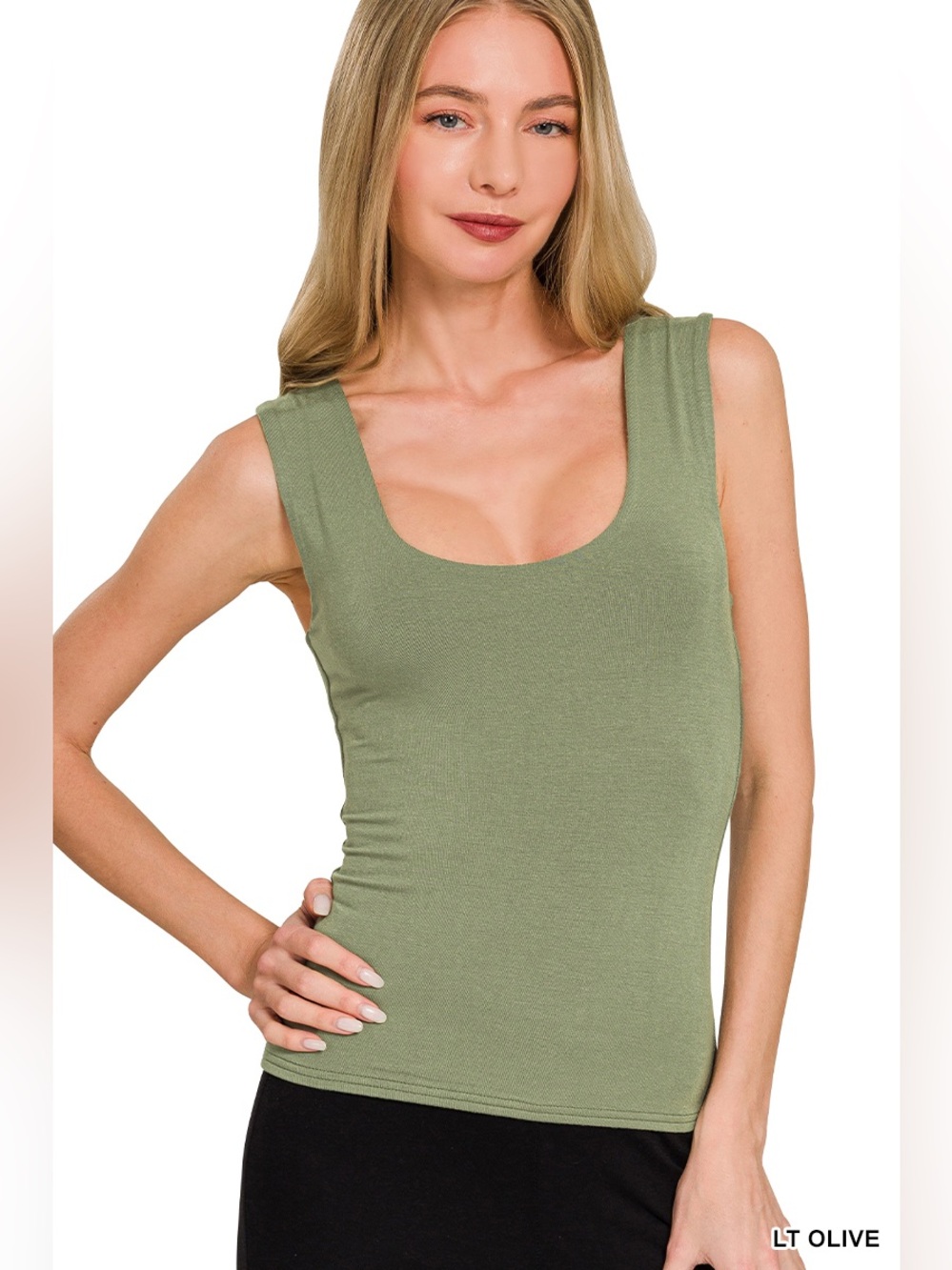 Zenana Women's Double Layered Scoop Neck Tank Top in Light Olive